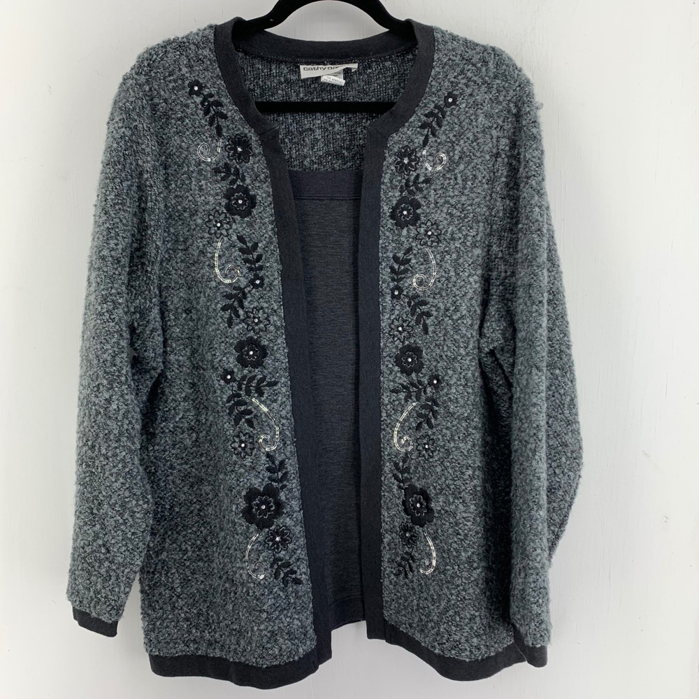 Cathy Daniels Floral Sequins Embroidered Boucle Sweater 1X Grandma Cottage